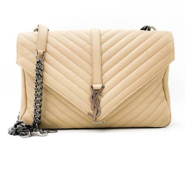Saint Laurent Sheepskin Matelasse Chevron Monogram Large College Satchel Beige Leather Shoulder Bag - image 12