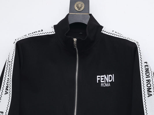 Fendi Roma Logo Striped Tracksuit Set - Black Technical Knit Zip Jacket & Pants - photo 2