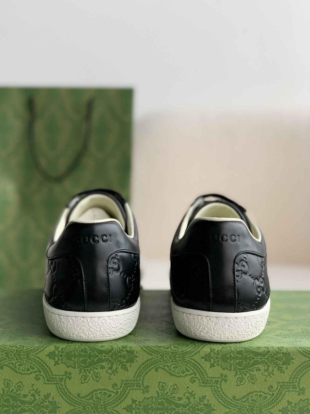 Gucci Ace Sneaker – Black GG Embossed Leather with Green & Red Web - image 7