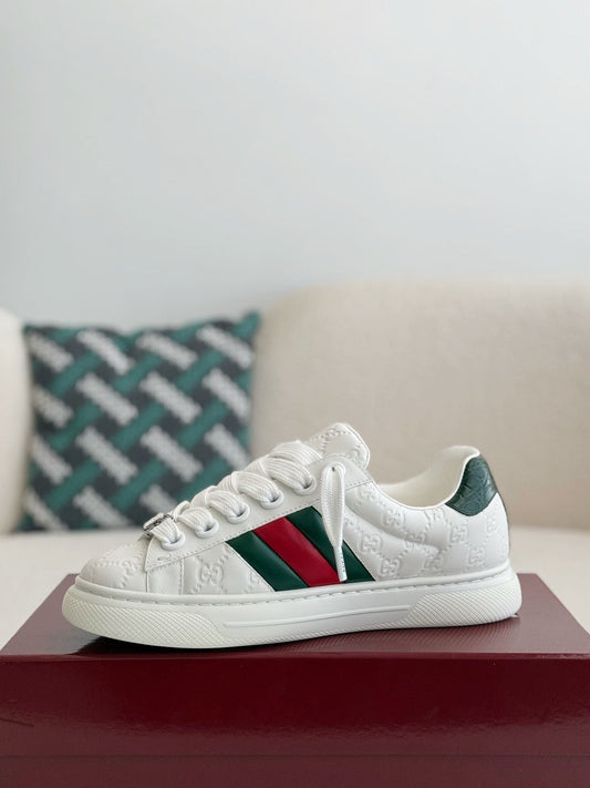 Gucci Ace Sneaker GG Embossed White Leather with Web Stripe and Green Croc Heel Tab - image 2