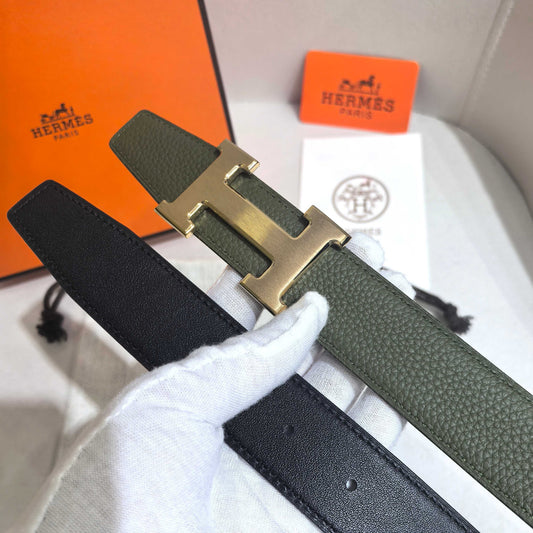 Hermès H Striee Belt Buckle & Reversible Leather Strap 32 mm - Khaki & Yellow Gold - photo 2