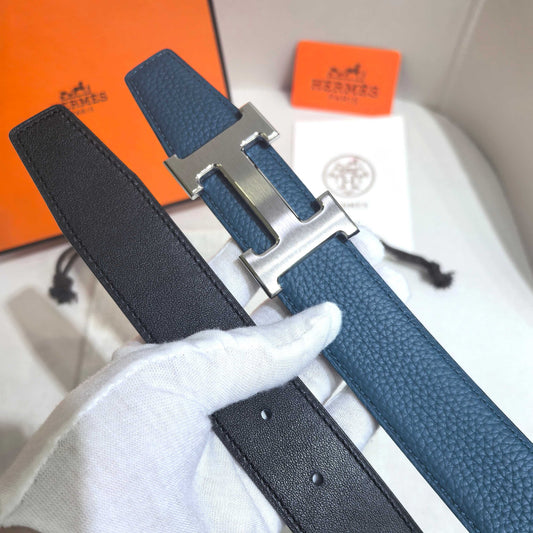 Hermès Large Classic Reversible Belt 32 mm - Deep Blue & Black with Brushed Silver - photo 2