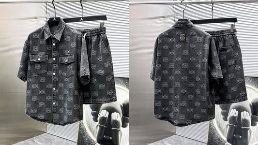 Loewe Allover Anagram Denim Set - Charcoal Black Short-Sleeved Shirt & Shorts Co-ord Set - photo 2
