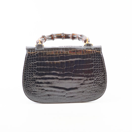 Gucci Vintage Bamboo Top Handle Crocodile Shiny Black - photo 2