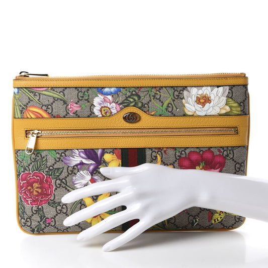 Gucci Ophidia Yellow Leather Supreme Canvas Flora Large Pouch Clutch Bag 517551 - image 2