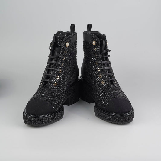 Chanel Tweed Lace-Up Boots Black Size 40.5 - photo 2