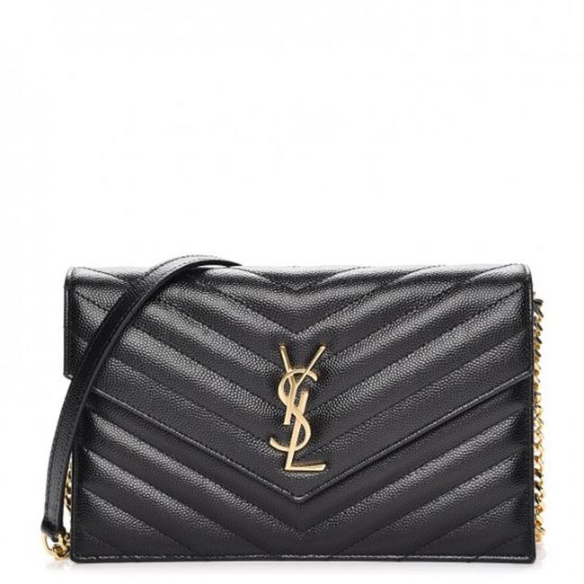 Saint Laurent Monogram Envelope Chain Wallet Grain De Poudre Matelasse Chevron Black Leather Shoulder Bag - image 1