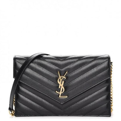Saint Laurent Monogram Envelope Chain Wallet Grain De Poudre Matelasse Chevron Black Leather Shoulder Bag - image 1