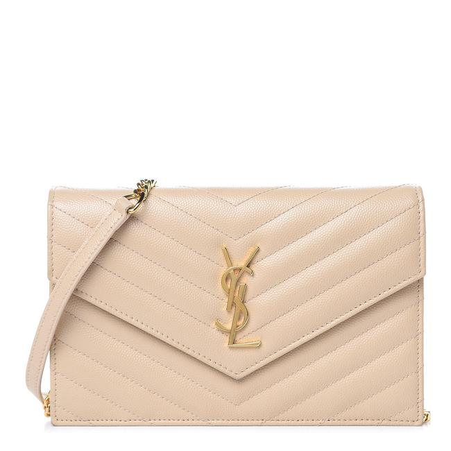Saint Laurent Monogram Envelope Chain Wallet Grain De Poudre Matelasse Chevron Nude Beige Leather Shoulder Bag - image 1