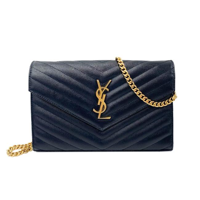 Saint Laurent Chain Wallet Grain De Poudre Matelasse Chevron Monogram Black Leather Shoulder Bag - image 1