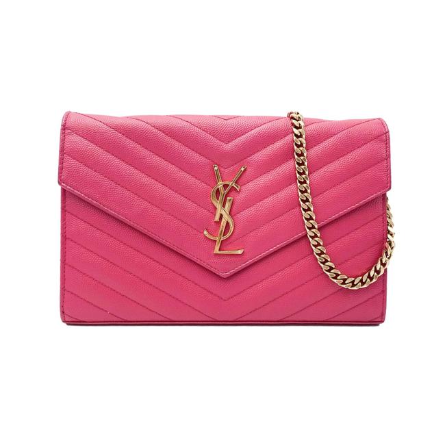 Saint Laurent Chain Wallet Grain De Poudre Matelasse Chevron Woc Lipstick Fuchsia Pink Leather Cross Body Bag - image 12