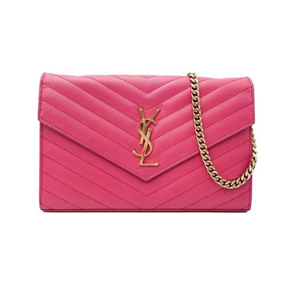 Saint Laurent Chain Wallet Grain De Poudre Matelasse Chevron Woc Lipstick Fuchsia Pink Leather Cross Body Bag - image 12