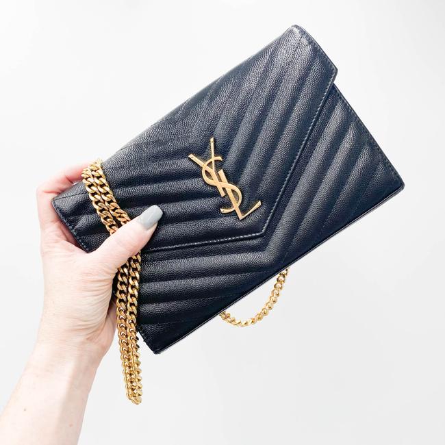 Saint Laurent Chain Wallet Grain De Poudre Matelasse Chevron Monogram Black Leather Shoulder Bag - image 12