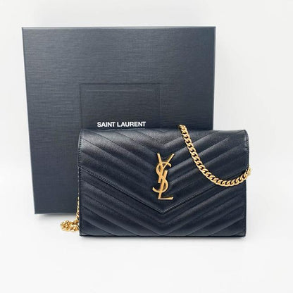 Saint Laurent Chain Wallet Grain De Poudre Matelasse Chevron Monogram Black Leather Shoulder Bag - image 2