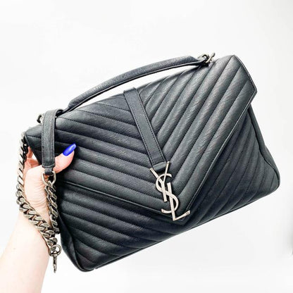 SAINT LAURENT Sheepskin Matelasse Chevron Monogram Large College Satchel Black Leather Shoulder Bag - image 2