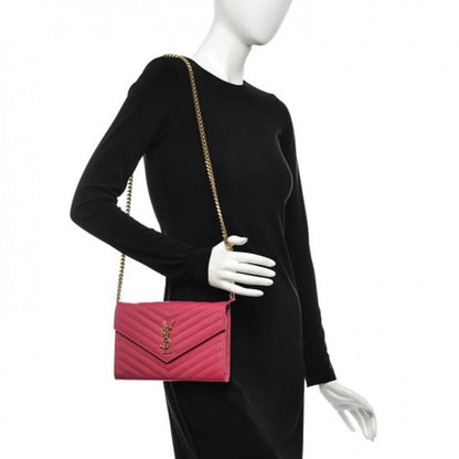 Saint Laurent Chain Wallet Grain De Poudre Matelasse Chevron Woc Lipstick Fuchsia Pink Leather Cross Body Bag - photo 2