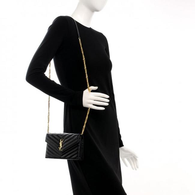Saint Laurent Monogram Envelope Chain Wallet Grain De Poudre Matelasse Chevron Black Leather Shoulder Bag - image 2