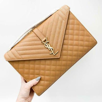 Saint Laurent Envelope Grain De Poudre Mixed Matelasse Large Triquilt Monogram Dune Brown Leather Shoulder Bag - image 7