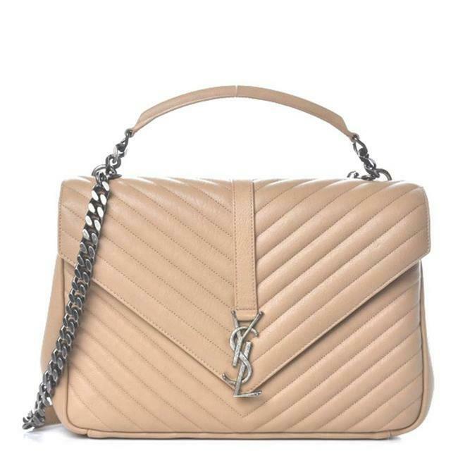 Saint Laurent Sheepskin Matelasse Chevron Monogram Large College Satchel Beige Leather Shoulder Bag - image 1