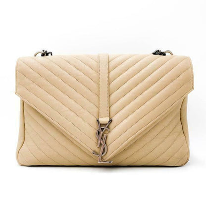 Saint Laurent Sheepskin Matelasse Chevron Monogram Large College Satchel Beige Leather Shoulder Bag - image 4