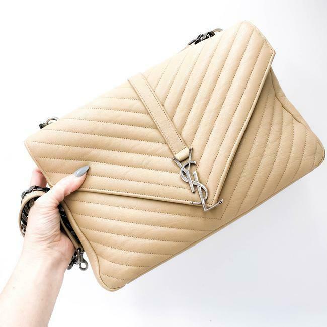Saint Laurent Sheepskin Matelasse Chevron Monogram Large College Satchel Beige Leather Shoulder Bag - image 3
