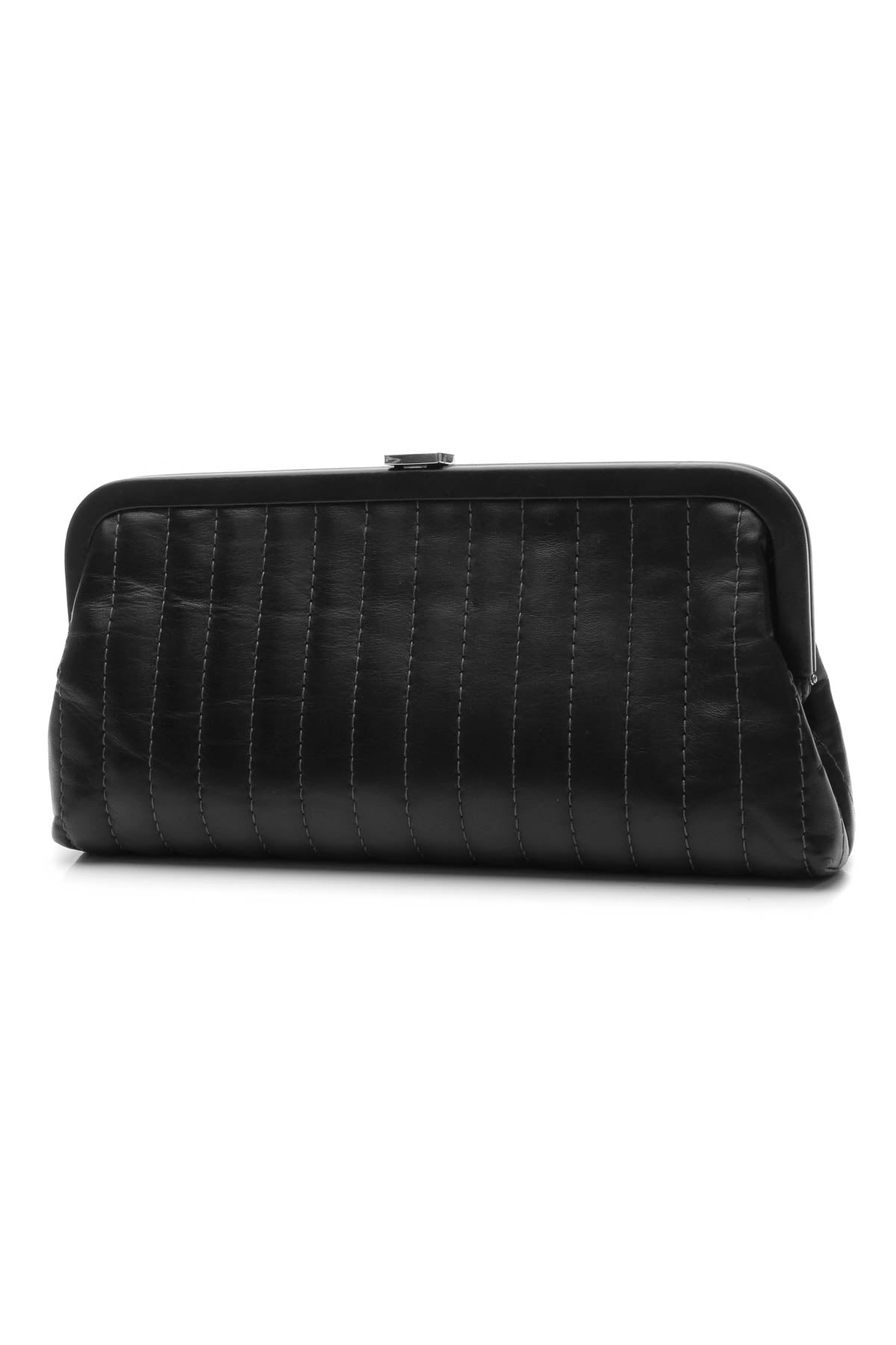 Vertical Stitch Kiss Lock Clutch Bag - Black - image 3