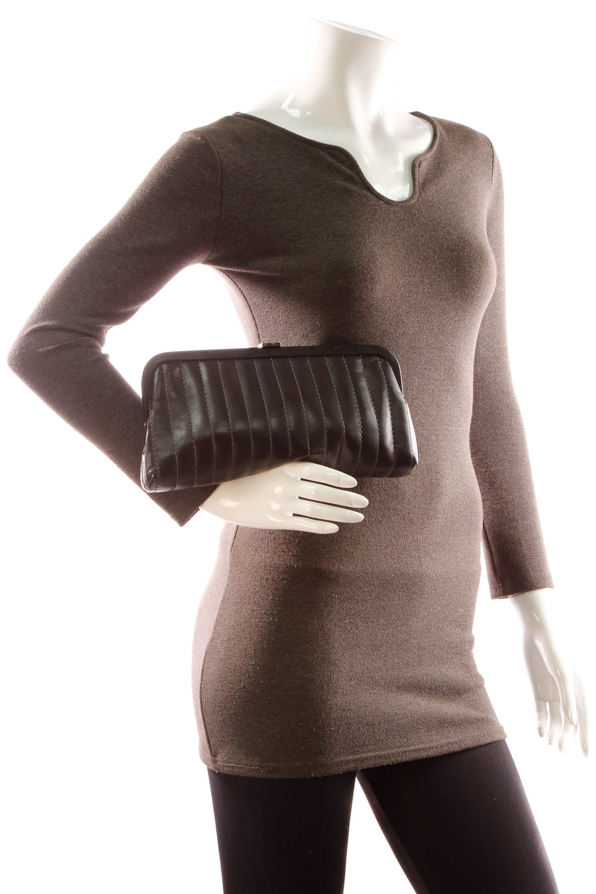 Vertical Stitch Kiss Lock Clutch Bag - Black - image 2