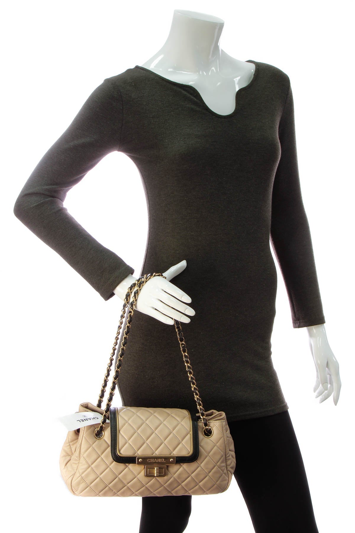 Quilted East/West Accordion Flap Bag - Beige/Black - image 2