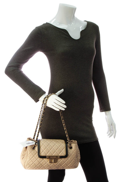 Quilted East/West Accordion Flap Bag - Beige/Black - image 2