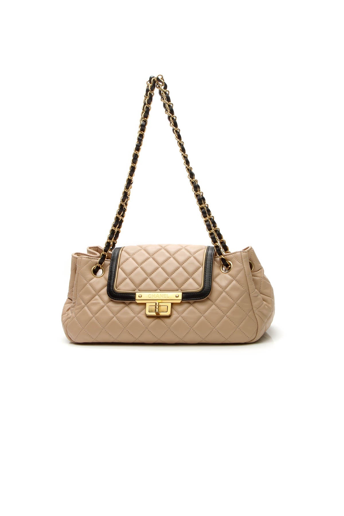 Quilted East/West Accordion Flap Bag - Beige/Black - image 1