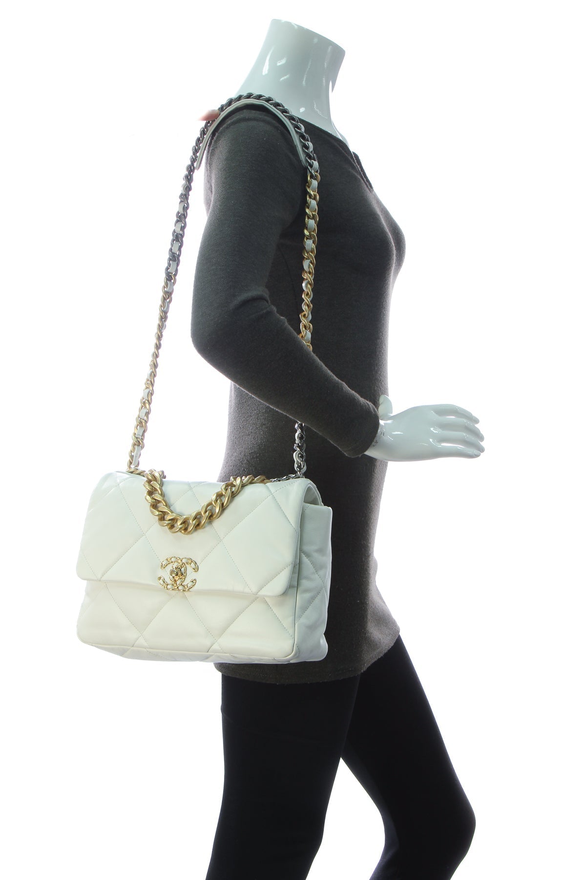Quilted Large Chanel 19 Flap Bag - White - image 2