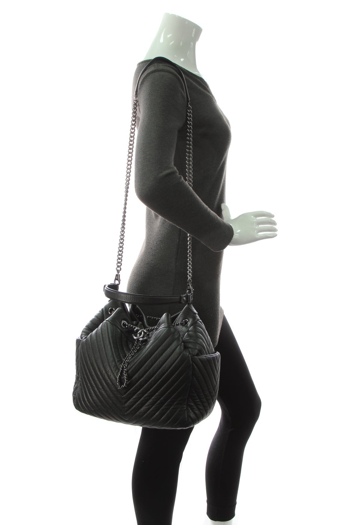 Chevron Small Drawstring Bucket Bag - Black - image 2