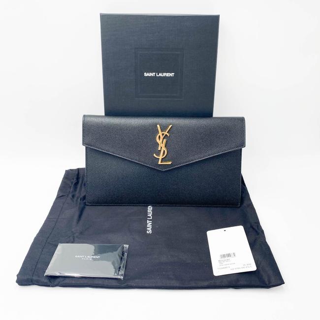 Saint Laurent Envelope Uptown Monogram Plaque Grained-leather Black Leather Clutch - photo 3
