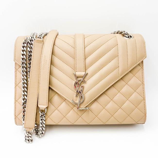 Saint Laurent Monogram Envelope Grain De Poudre Textured Mixed Matelasse Medium Triquilt Beige Leather Shoulder Bag - image 3