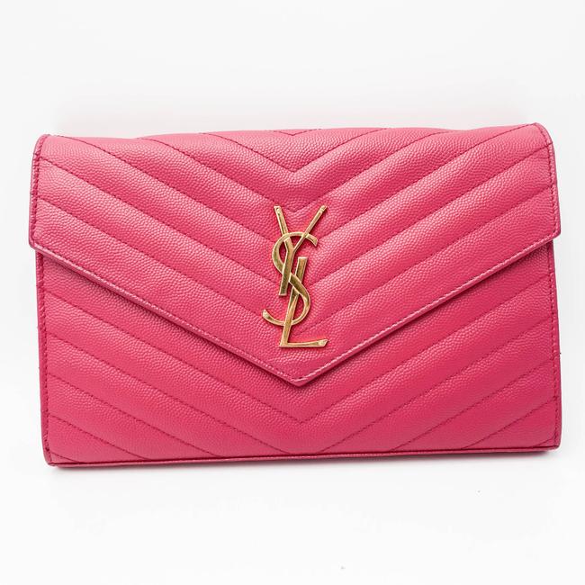 Saint Laurent Chain Wallet Grain De Poudre Matelasse Chevron Woc Lipstick Fuchsia Pink Leather Cross Body Bag - image 3