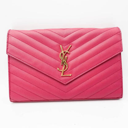Saint Laurent Chain Wallet Grain De Poudre Matelasse Chevron Woc Lipstick Fuchsia Pink Leather Cross Body Bag - image 3