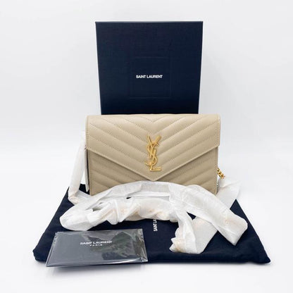 Saint Laurent Monogram Envelope Chain Wallet Grain De Poudre Matelasse Chevron Nude Beige Leather Shoulder Bag - image 3