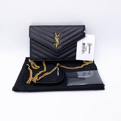 Saint Laurent Monogram Envelope Chain Wallet Grain De Poudre Matelasse Chevron Black Leather Shoulder Bag - image 3