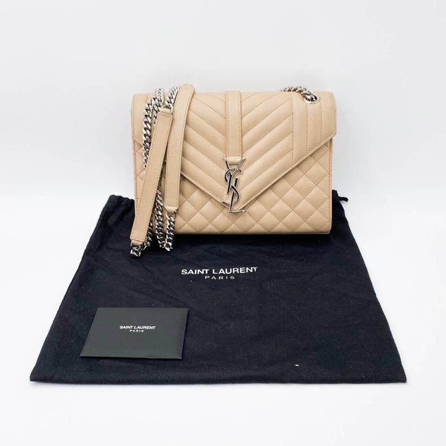 Saint Laurent Monogram Envelope Grain De Poudre Textured Mixed Matelasse Medium Triquilt Beige Leather Shoulder Bag - image 4
