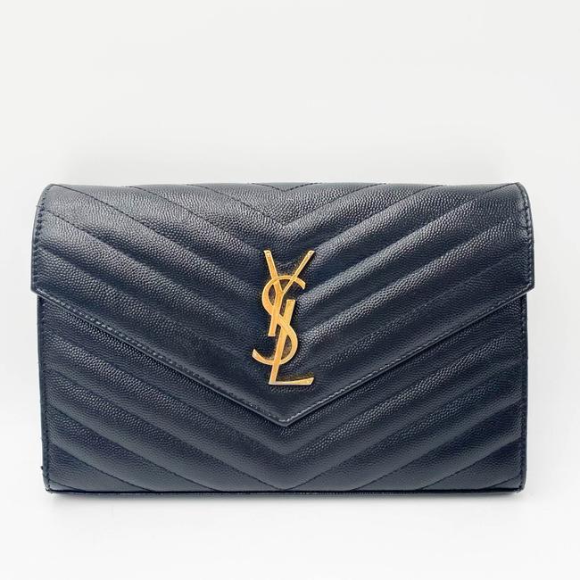Saint Laurent Chain Wallet Grain De Poudre Matelasse Chevron Monogram Black Leather Shoulder Bag - image 4