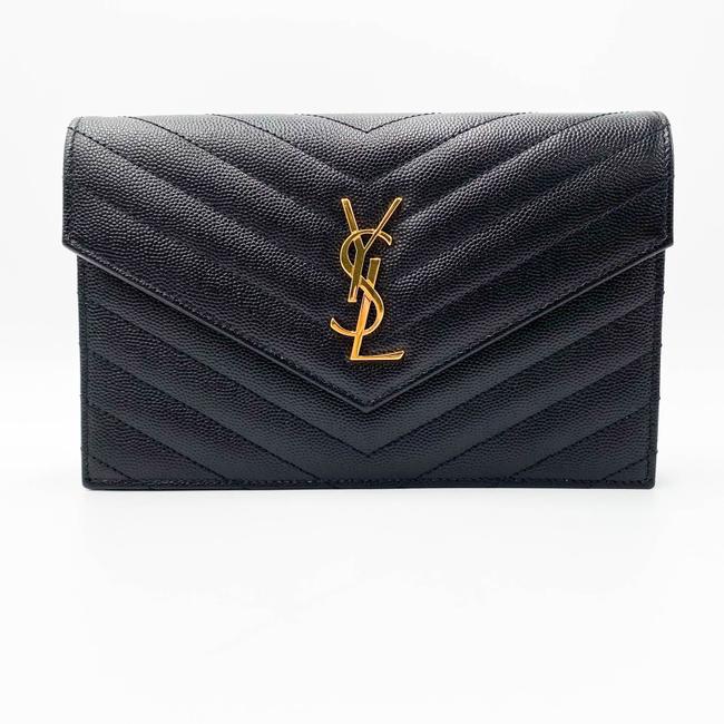 Saint Laurent Monogram Envelope Chain Wallet Grain De Poudre Matelasse Chevron Black Leather Shoulder Bag - image 4