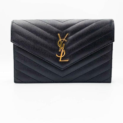 Saint Laurent Monogram Envelope Chain Wallet Grain De Poudre Matelasse Chevron Black Leather Shoulder Bag - image 4