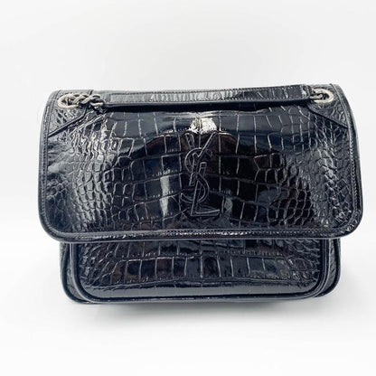 Saint Laurent Niki Medium Crocodile-embossed Black Patent Leather Shoulder Bag - photo 5