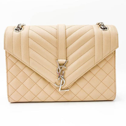 Saint Laurent Monogram Envelope Grain De Poudre Textured Mixed Matelasse Medium Triquilt Beige Leather Shoulder Bag - image 5
