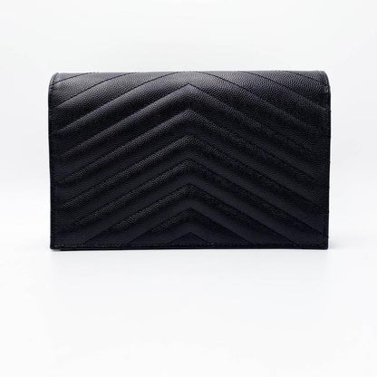 Saint Laurent Monogram Envelope Chain Wallet Grain De Poudre Matelasse Chevron Black Leather Shoulder Bag - image 5