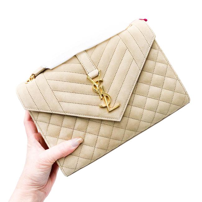Saint Laurent Monogram Envelope Medium Beige Suede Leather Shoulder Bag - photo 5
