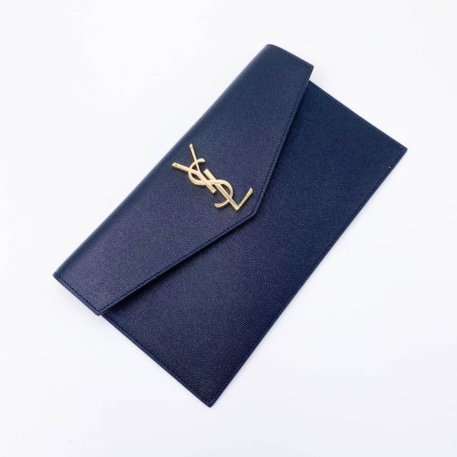 Saint Laurent Envelope Uptown Monogram Plaque Grained-leather Black Leather Clutch - photo 6