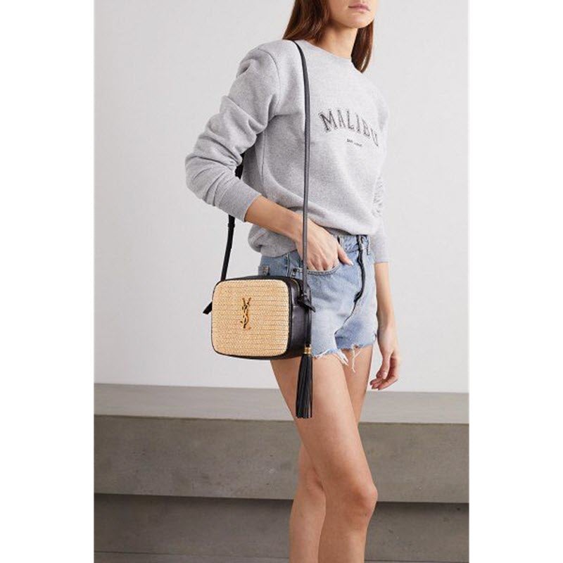 Saint Laurent Monogram Lou Camera Raffia Canvas Beige Brown Leather Shoulder Bag - photo 2