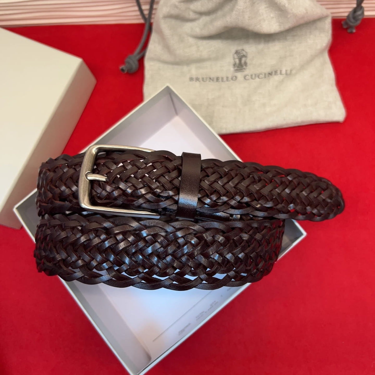 Brunello Cucinelli Woven Leather Belt Dark Brown Hand-Woven Calfskin - photo 1