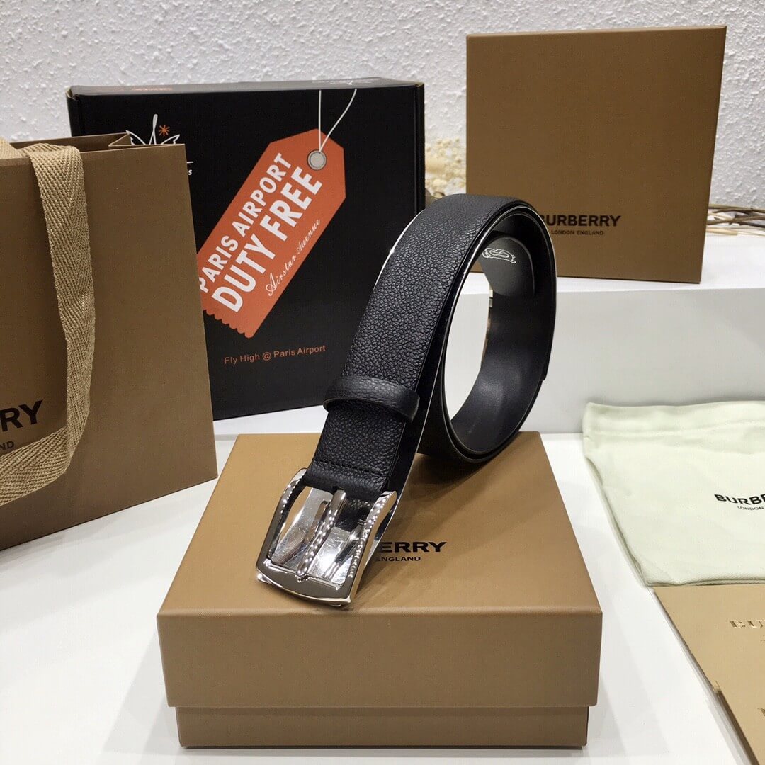 Burberry Black Grained Leather Joe Buckle Belt with Polished Silver Hardware - photo 1